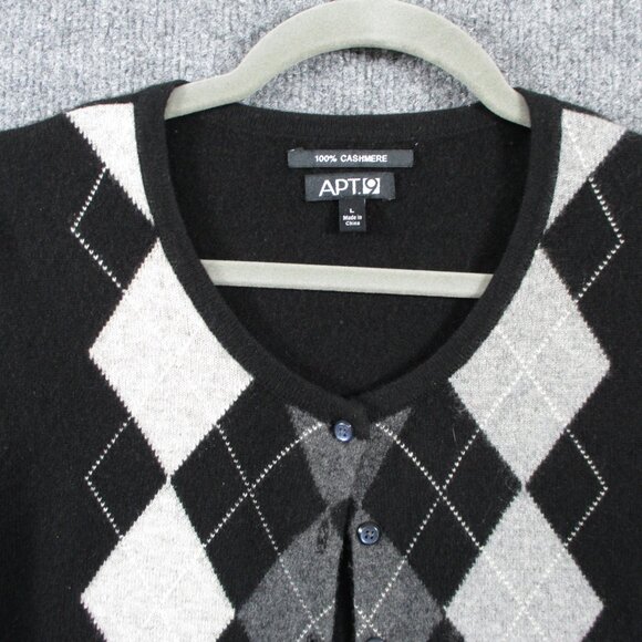 Cashmere Apt 9 Sweater Womens Large Black Gray Argyle Cardigan Lightweight Soft - Picture 2 of 14
